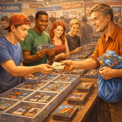 People buying and trading collectible trading cards at a trading card convention booth