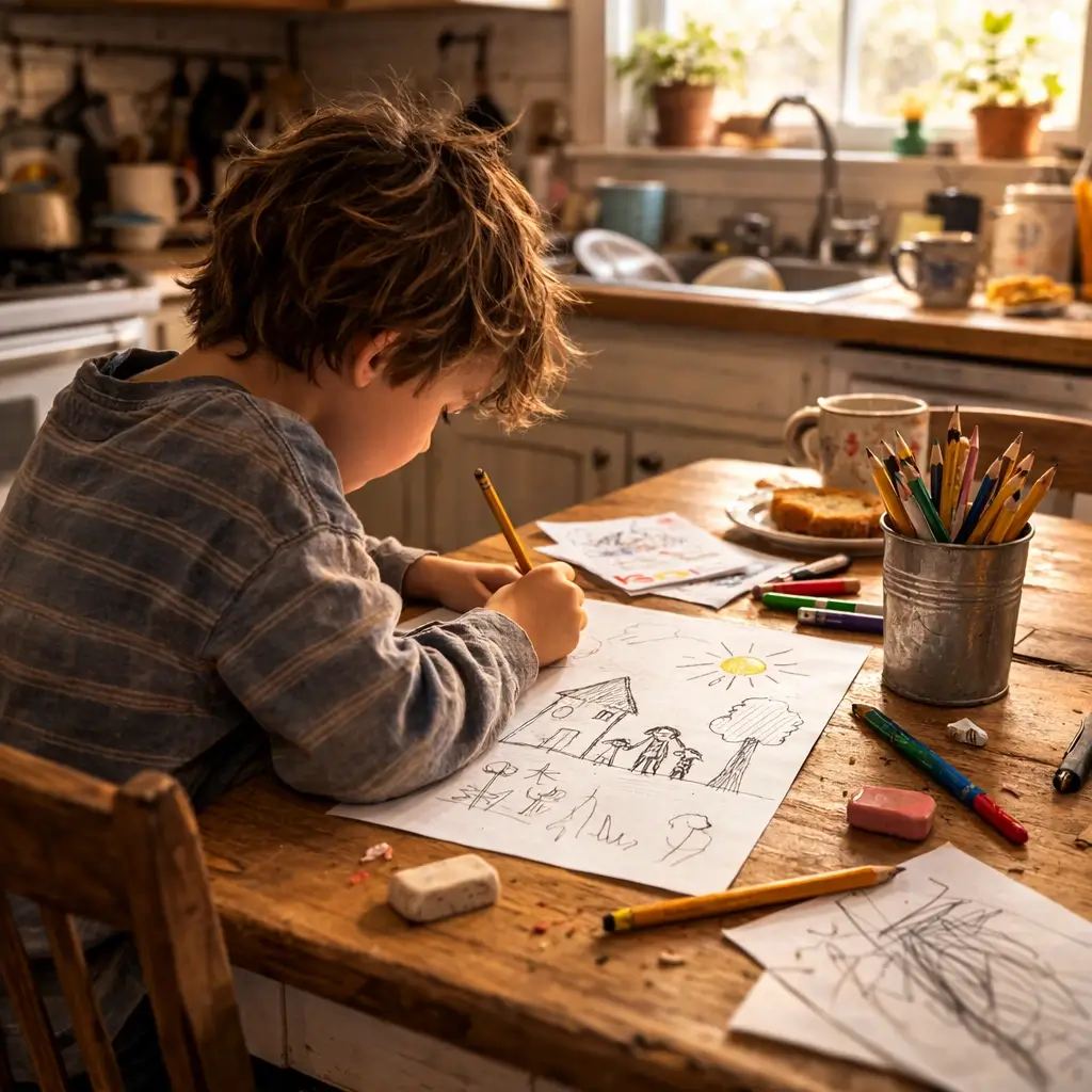 Child happily drawing with colored pencils