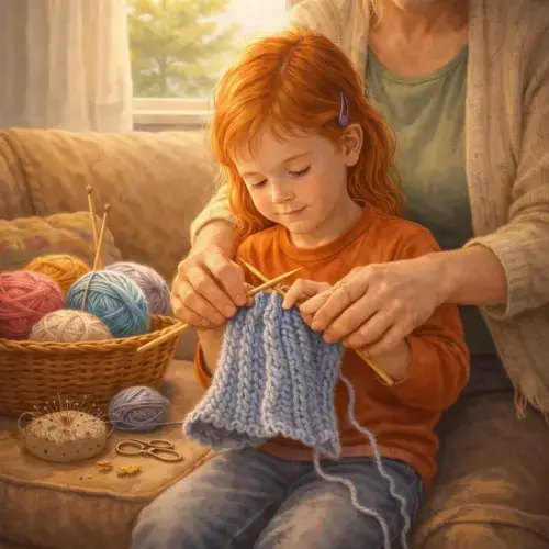 Child learning to knit with knitting needles and soft blue yarn while sitting with a parent