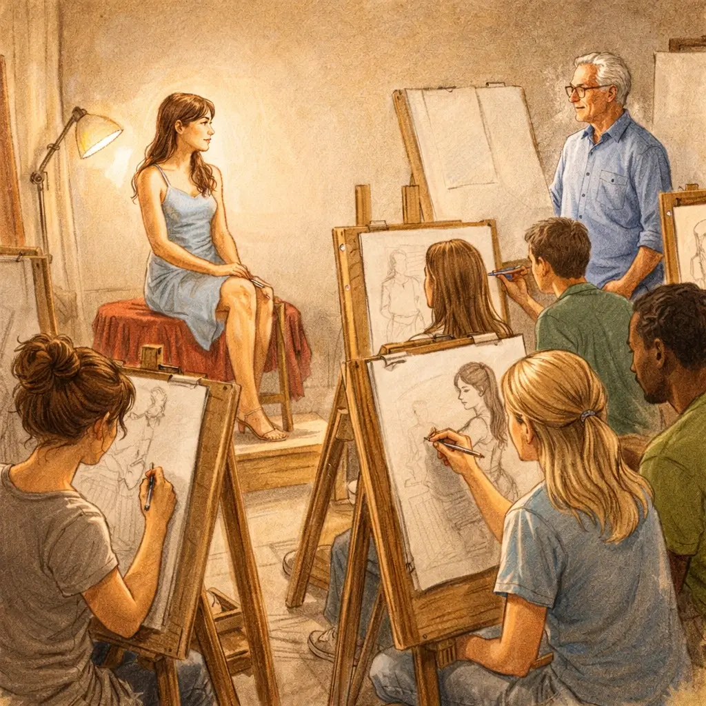 Group drawing class working at easels