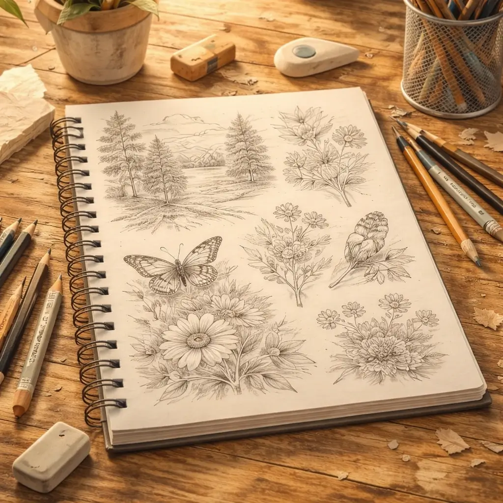 Sketchbook and drawing pad ready for use