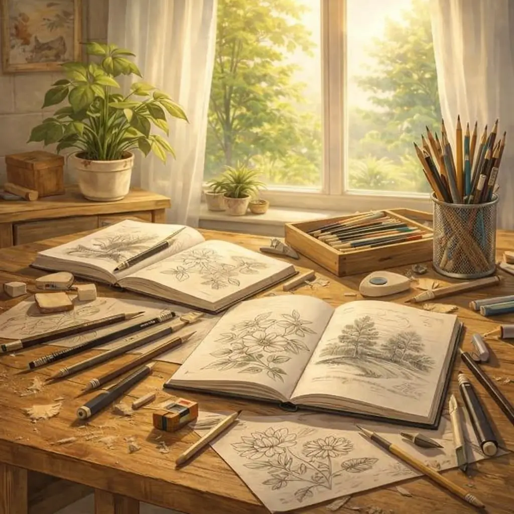 Basic drawing supplies laid out on a table