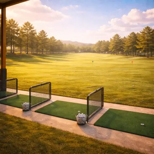 Golfers practising at an outdoor driving range