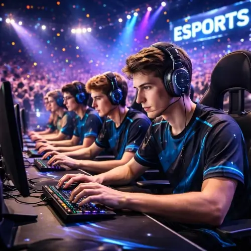 Professional esports gamers competing in a live gaming tournament with computers and headsets
