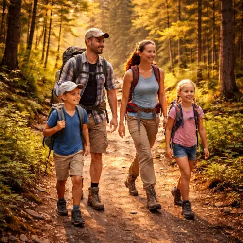 Family hiking together on a forest trail with backpacks in warm sunlight
