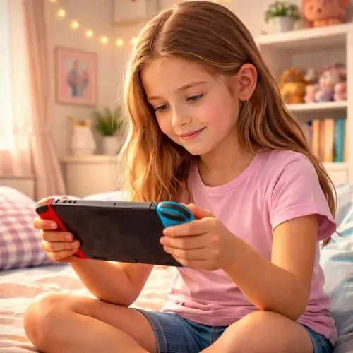 Young girl playing a handheld gaming console while sitting on her bed at home
