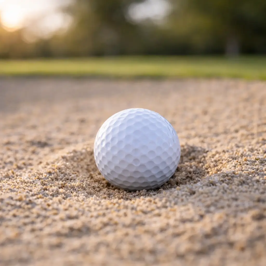 Golf ball in a bunker — durable surlyn-covered beginner balls withstand sand and rough terrain