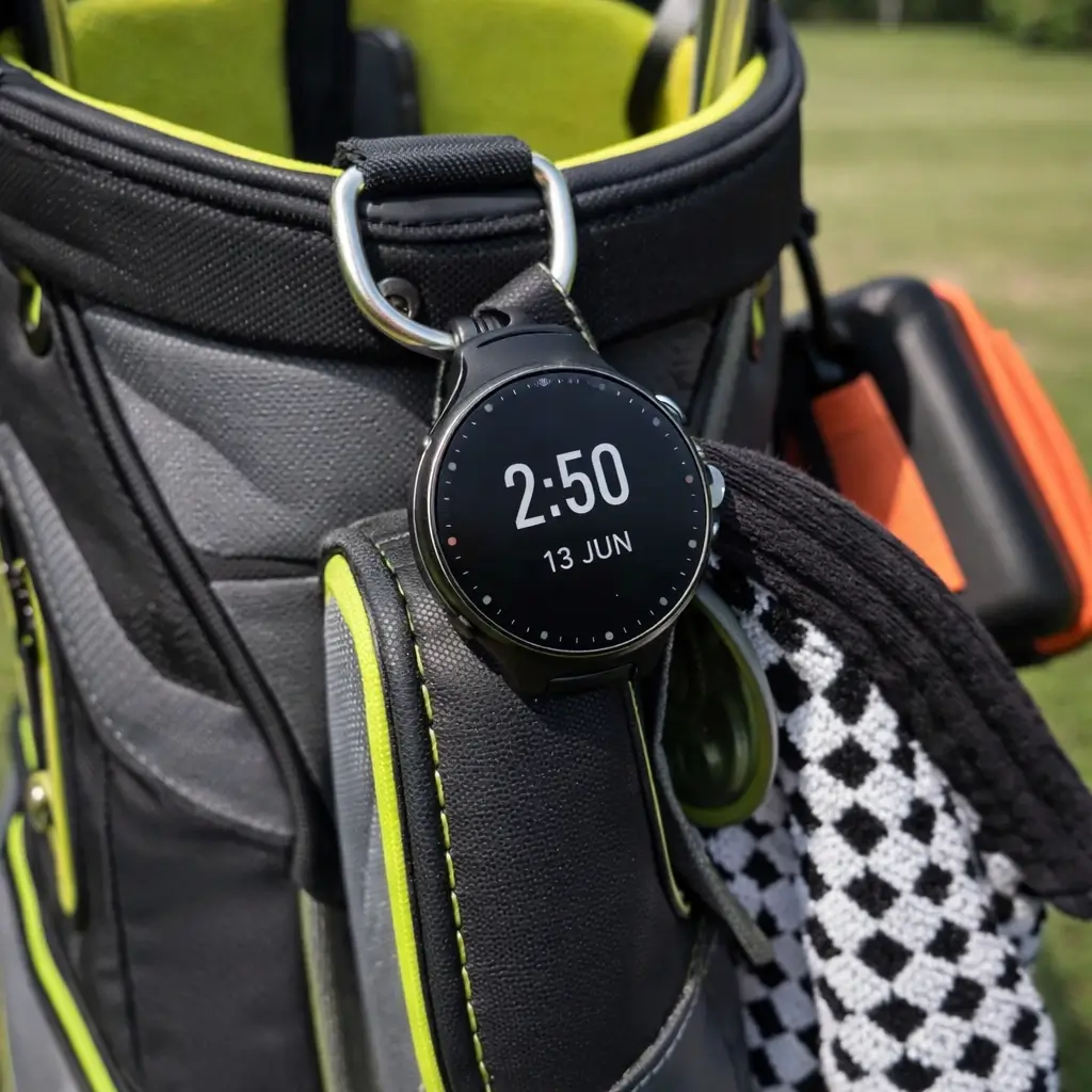 Golf GPS watch clipped to a golf bag on the course, ready to use between shots