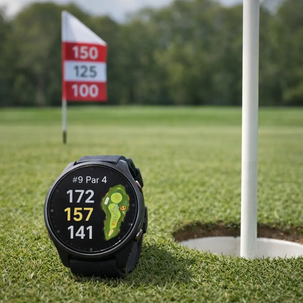 Golf GPS watch placed near a flagstick on the green, displaying hole number and front, middle, back yardages