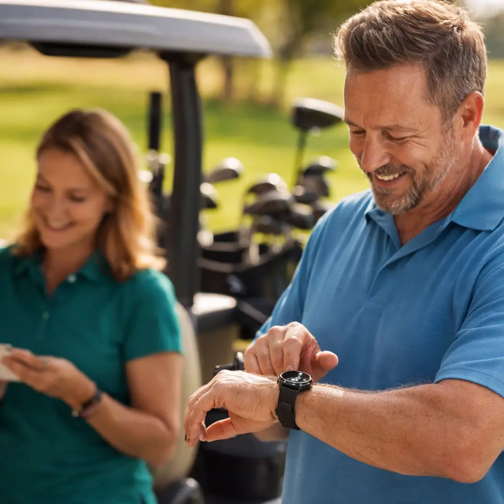 Golfer checking a GPS watch next to a golf cart to confirm yardage before selecting a club