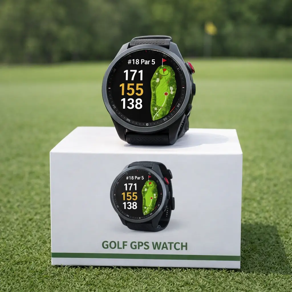 Golf GPS watch resting on its retail box on the fairway — showing front, middle, and back green yardages