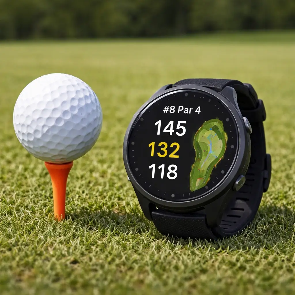 Golf GPS watch next to a golf ball on a tee showing course map and distance to the green