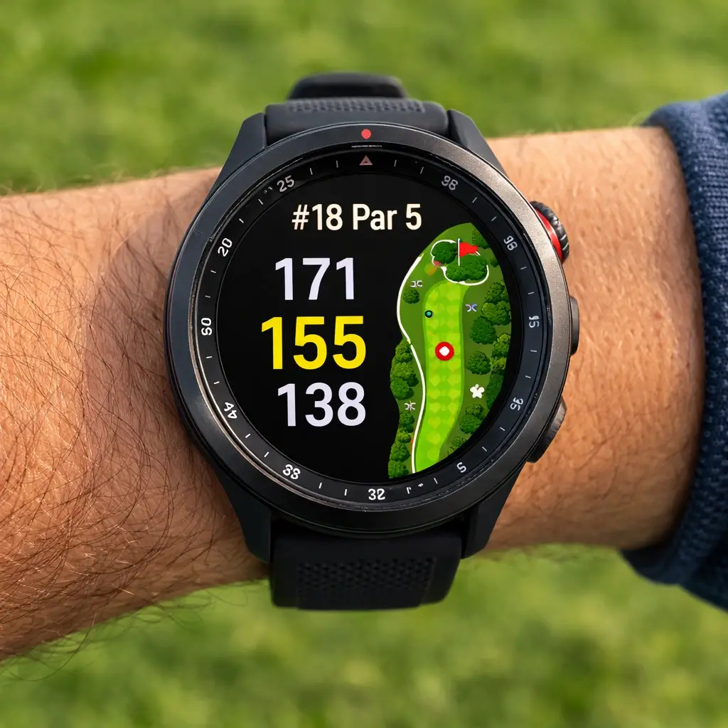 Golf GPS watch worn on the wrist showing a course hole map with front, middle, and back yardages to the green