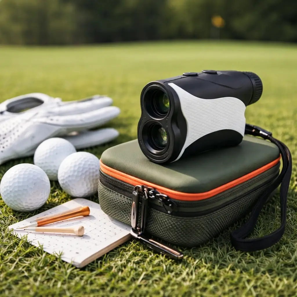 Golf rangefinder with carry case, golf balls, glove and tees laid out on the fairway grass