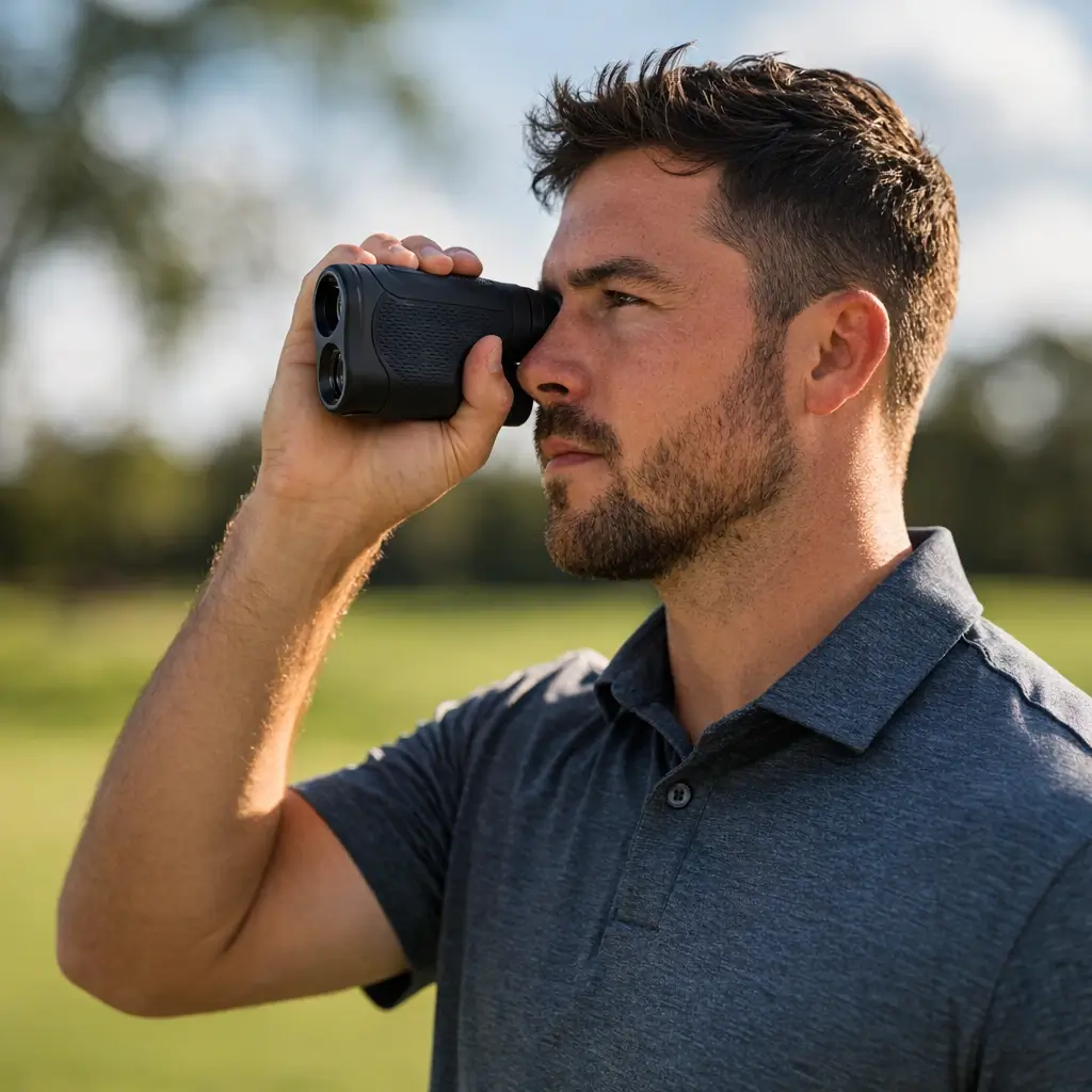 Male golfer in a polo shirt using a laser rangefinder on the course to measure distance to the flag
