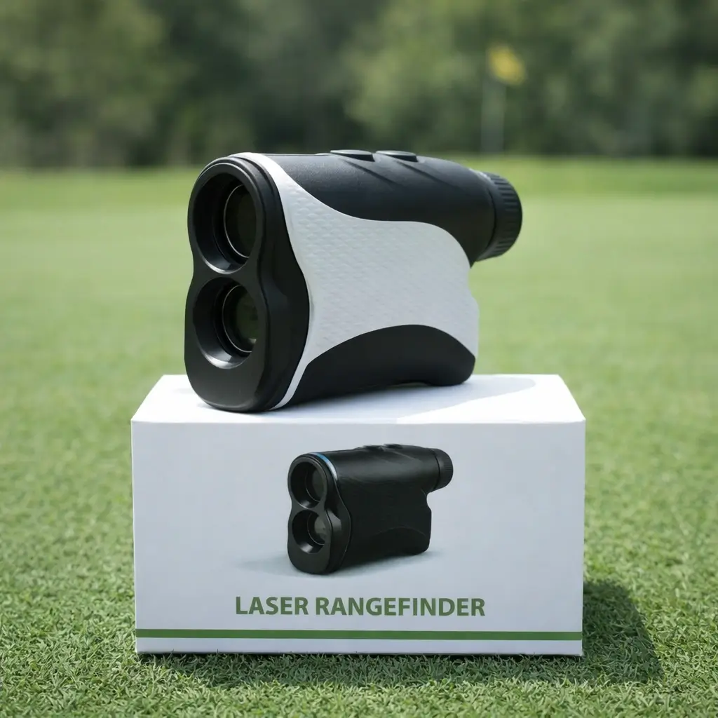 Golf laser rangefinder sitting on top of its retail box on the golf course grass