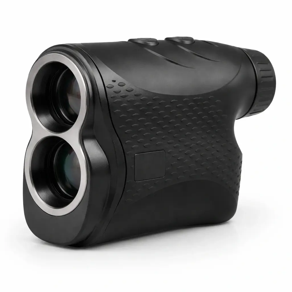 Black laser golf rangefinder — compact handheld device for measuring distance to the flagstick on the golf course