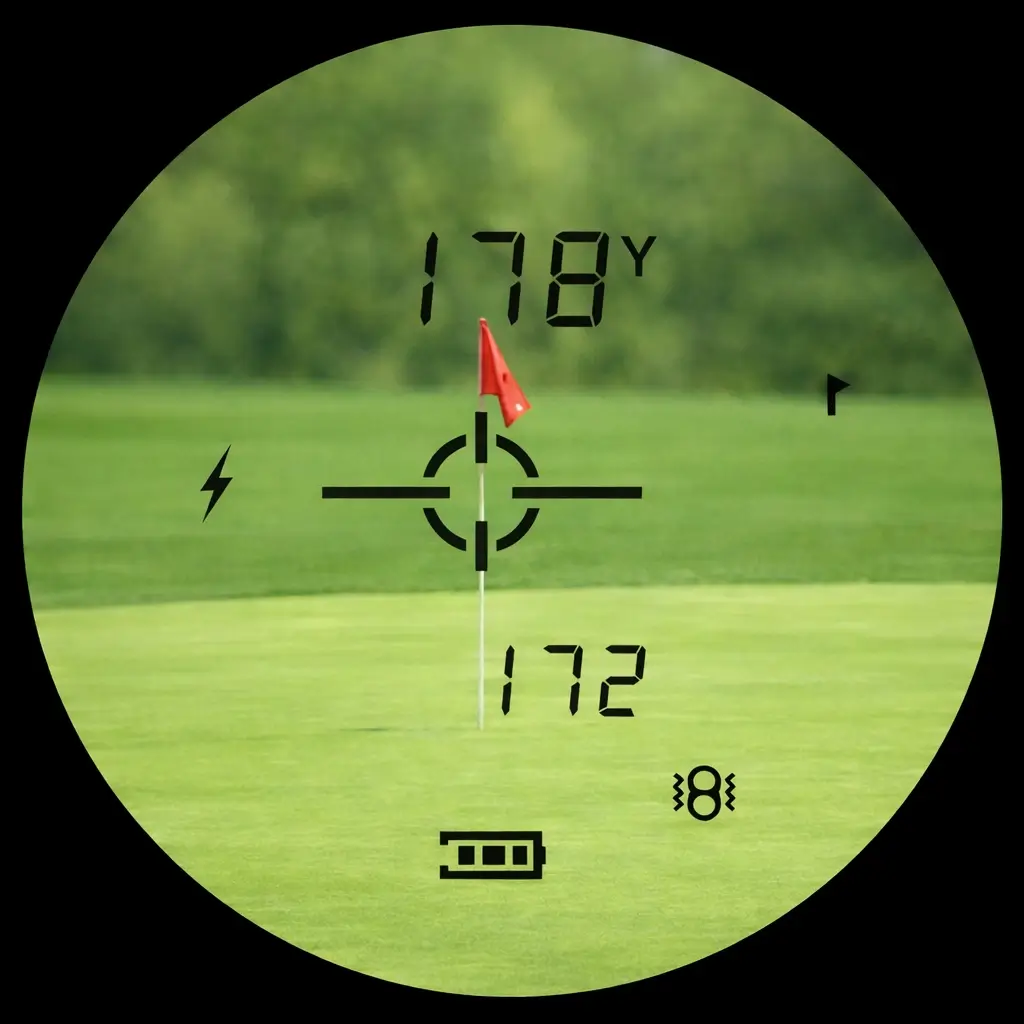 View through a golf rangefinder eyepiece showing 178 yards to the flagstick on the green