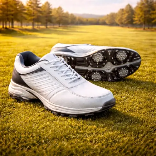 Golf shoes with grip soles laid on a course
