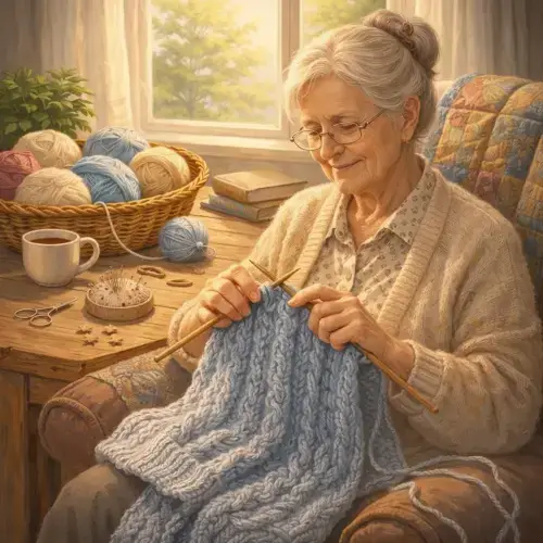 Older woman knitting a warm blanket with yarn and knitting needles in a cozy living room