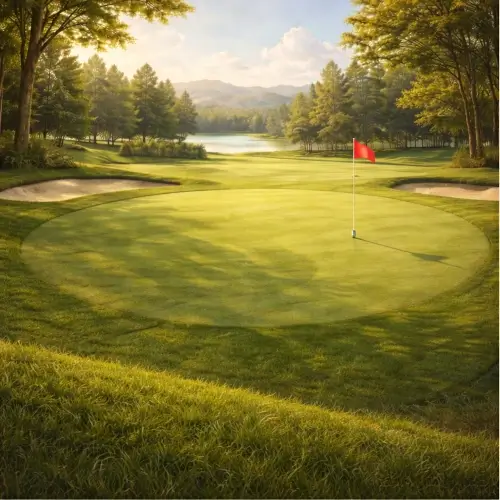 Close-up of a golf putting green with the flag in the hole