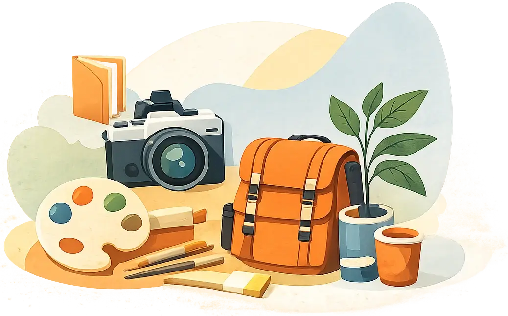 Person happily exploring a variety of hobbies including painting, hiking, and gaming