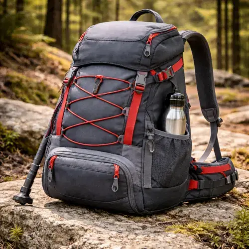 Lightweight hiking backpack with water bottle and trekking gear on a forest trail