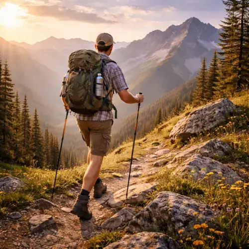 Man hiking on a mountain trail with trekking poles and a large backpack overlooking alpine peaks