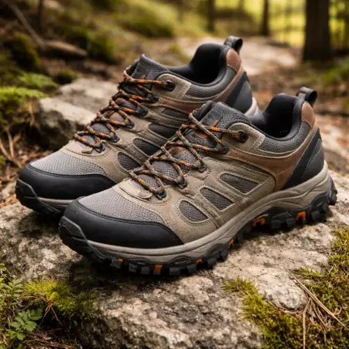 Durable hiking shoes with rugged soles placed on a rocky forest trail