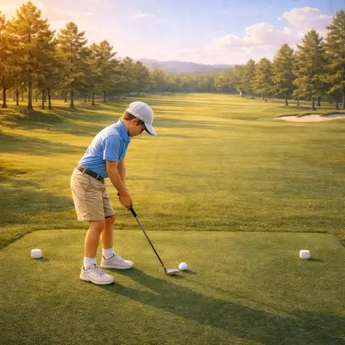Young junior golfer taking a swing on the course