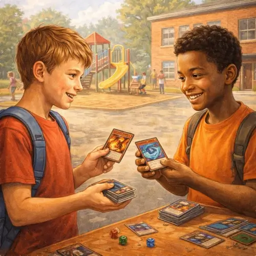 Two children trading collectible cards and comparing their trading card game decks at a table