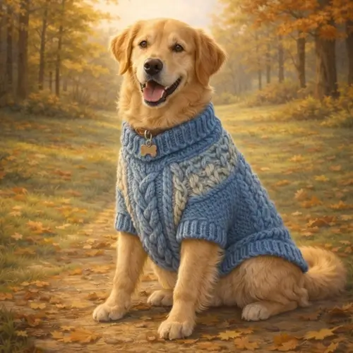 Golden retriever wearing a warm knitted dog sweater made from soft yarn