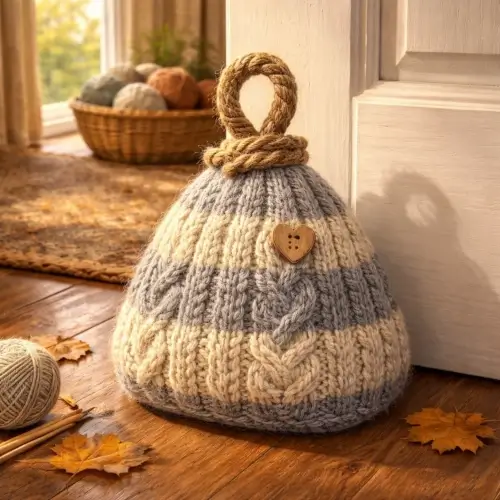 Hand knitted doorstop made from thick yarn with decorative cable knitting pattern