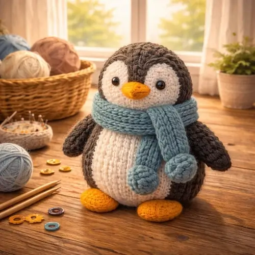 Cute knitted penguin toy wearing a scarf made with yarn and knitting needles