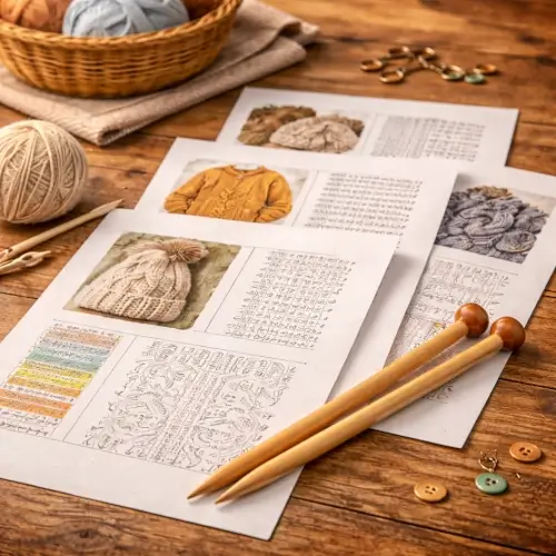Knitting patterns and wooden knitting needles on a table with yarn and craft supplies