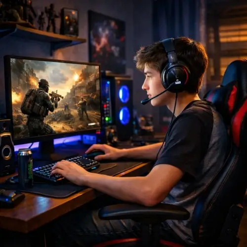 Teenager playing a fast paced video game on a gaming PC with headset and keyboard