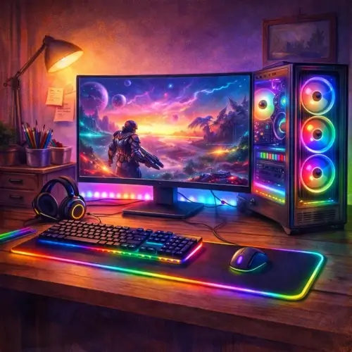 RGB gaming PC setup with monitor keyboard and mouse used for playing and speedrunning video games
