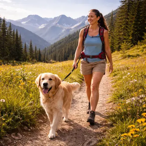 Woman hiking on a mountain trail with her golden retriever dog in a scenic alpine landscape