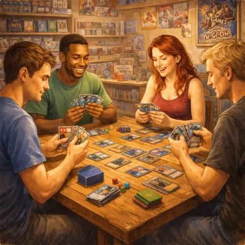 Group of friends playing a trading card game together at a tabletop game store