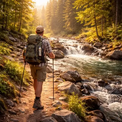 Man hiking beside a flowing river in a forest with a backpack and walking poles