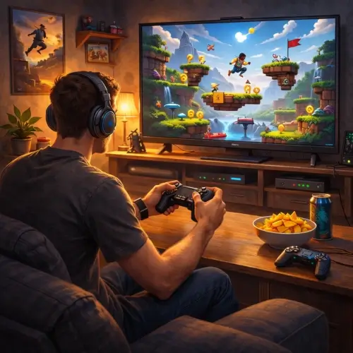 Person playing a platform video game on a console using a controller in a living room setup