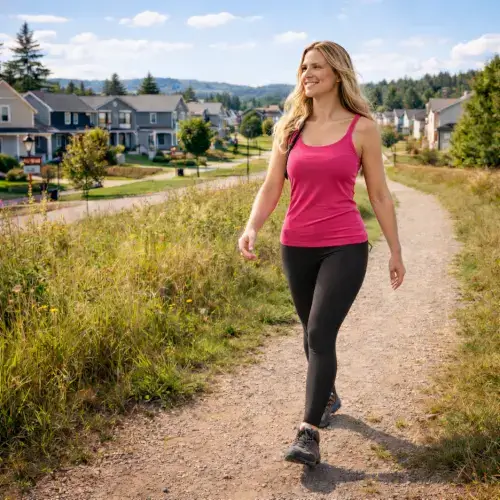 Young woman walking on a suburban trail wearing fitness clothes on a sunny day