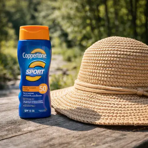 Sunscreen lotion and wide brim sun hat for hiking sun protection outdoors