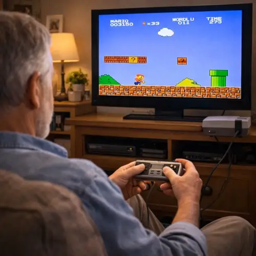 Person playing a classic retro platform video game on a console with a controller