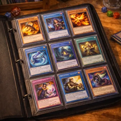 Trading card binder album displaying collectible cards organized in plastic sleeves