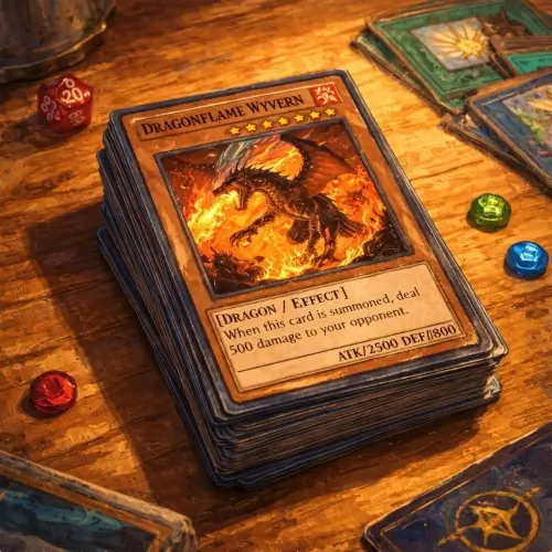 Stack of collectible trading cards with fantasy artwork used for trading card games
