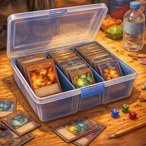 Storage box with organized trading card decks and collectible cards