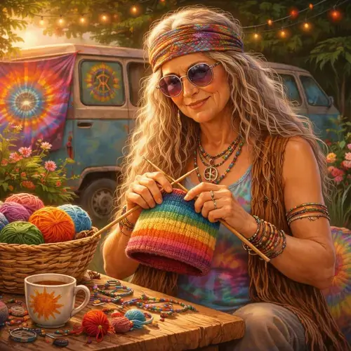 Woman knitting a colorful yarn project outdoors with knitting needles and craft supplies