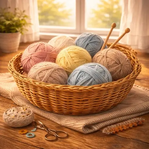 Basket of colorful yarn balls with knitting needles for knitting and crochet projects