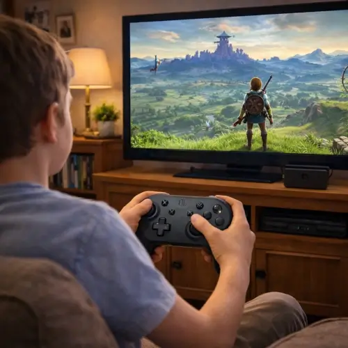 Player using a game controller while exploring a large open world adventure video game